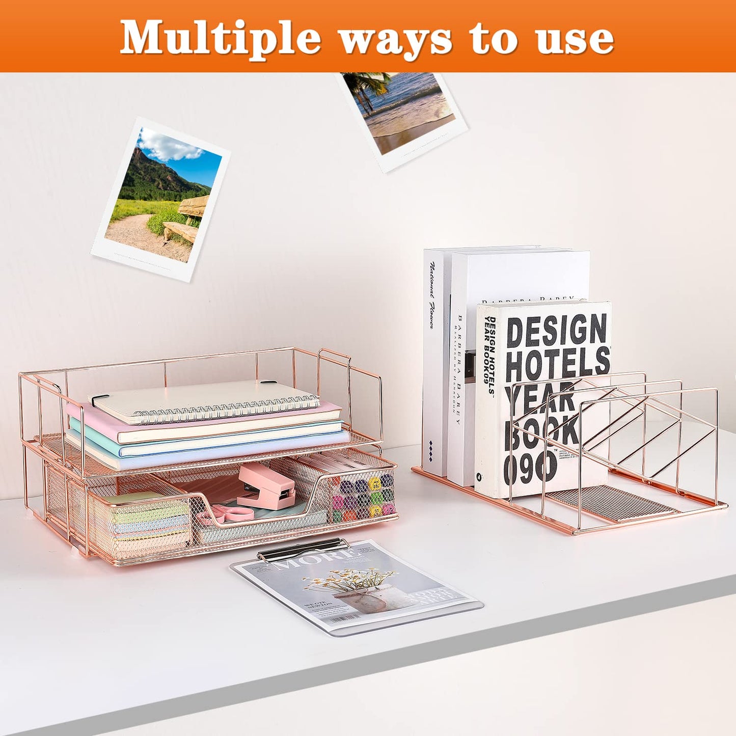 gianotter Desk Organizers and Accessories, Office Supplies Desk Organizer with Sliding Drawer, Double Tray and 5 Upright Section File Sorter Organizer (Rose Gold)