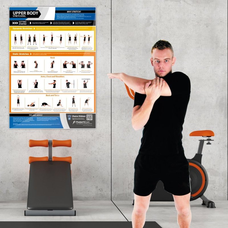 Upper Body Stretching Gym Poster - Dynamic & Static Stretches - Extra Large 33” x 23.5” - Laminated | Includes Online Video Training Support