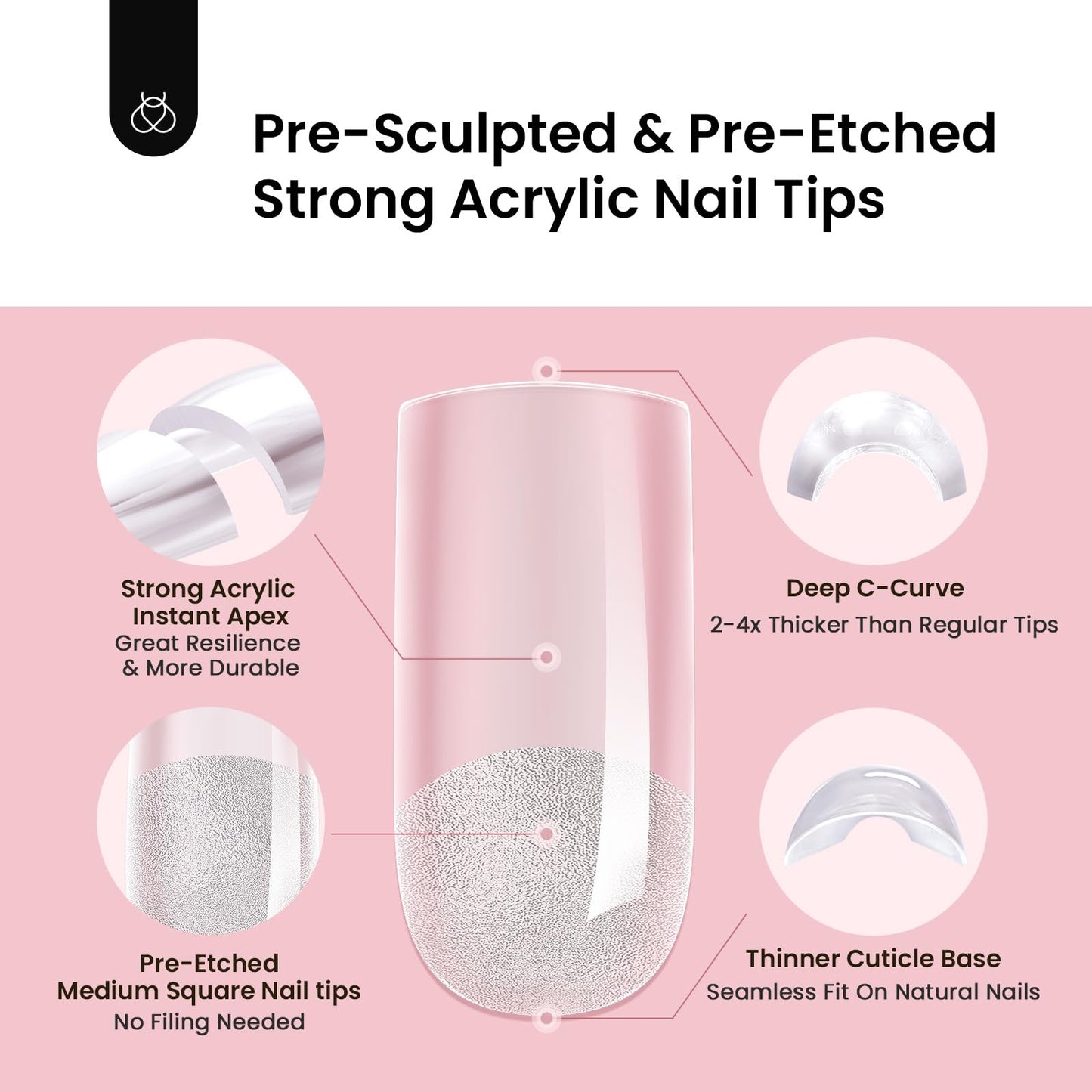 Beetles Tipex Gel Nail Kit, Medium Almond Nail Tips 224 Pcs 16 Sizes Pre-Building Pre-Etched Thick Acrylic Tips with Tipex Glue, Mini Lamp