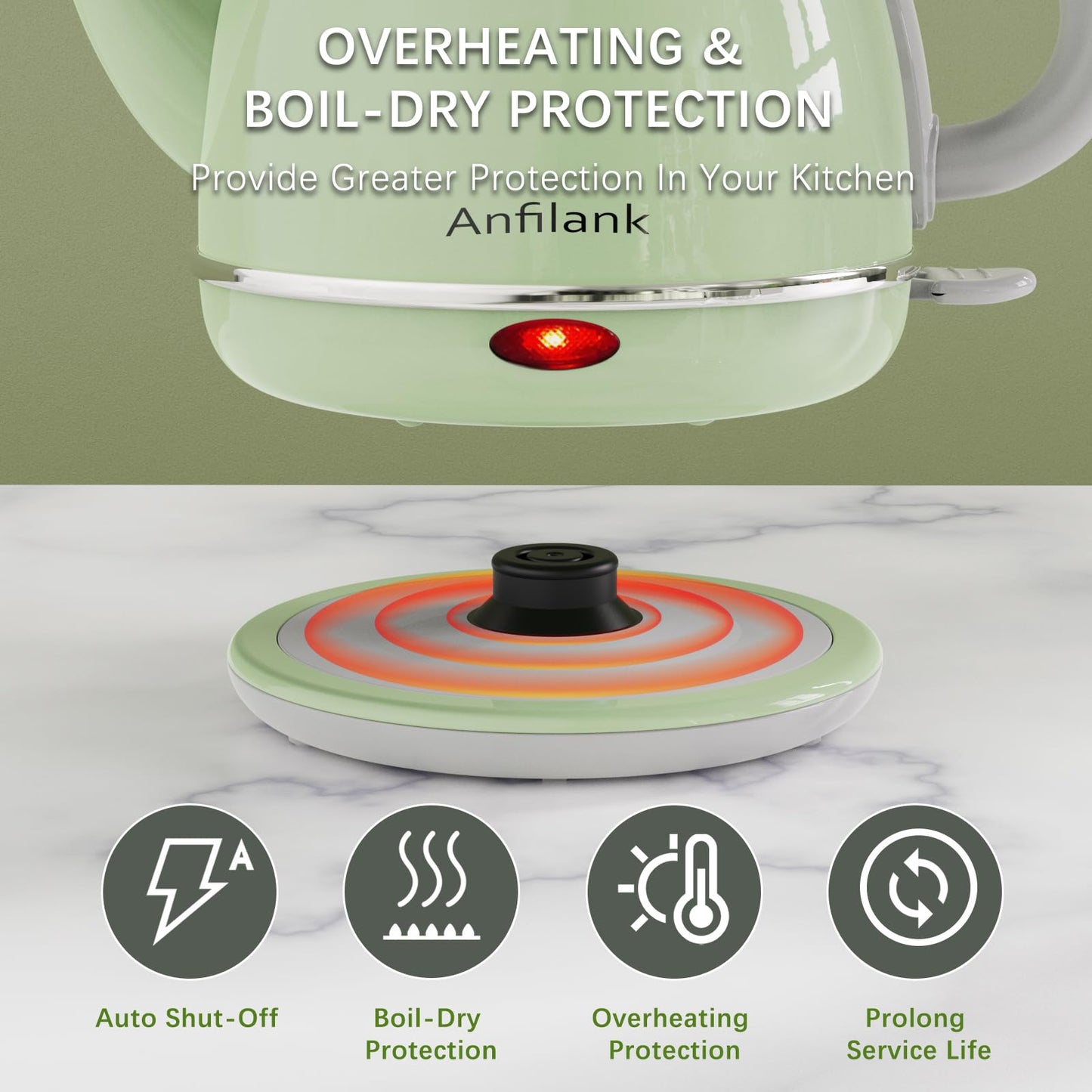 Anfilank Electric Gooseneck Kettle, 1L 1500WFast Boil, 100% Stainless Steel BPA Free Pour-Over Coffee & Tea Kettle,Water Boiler with Auto Shut & Boil-Dry Protectio,Green