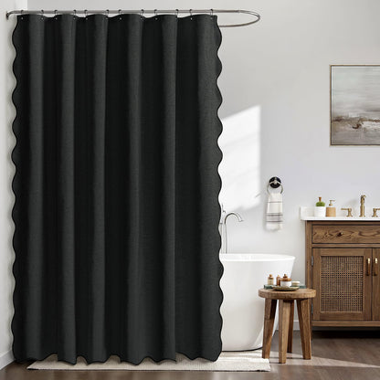 MIULEE 84" Long Scalloped Shower Curtain Linen Textured with 12 Metal Hooks Cute Extra Long Heavy Duty Washable Waterproof Cloth Halloween Shower Curtains with Black Border for Bathroom Hotel,Black