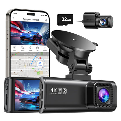 REDTIGER Dash Cam Front Rear, 4K/2.5K Full HD Dash Camera for Cars, Included 32GB Card, Built-in Wi-Fi GPS, 3.18” IPS Screen, Night Vision, 170°Wide Angle, WDR, 24H Parking Mode(F7NP)