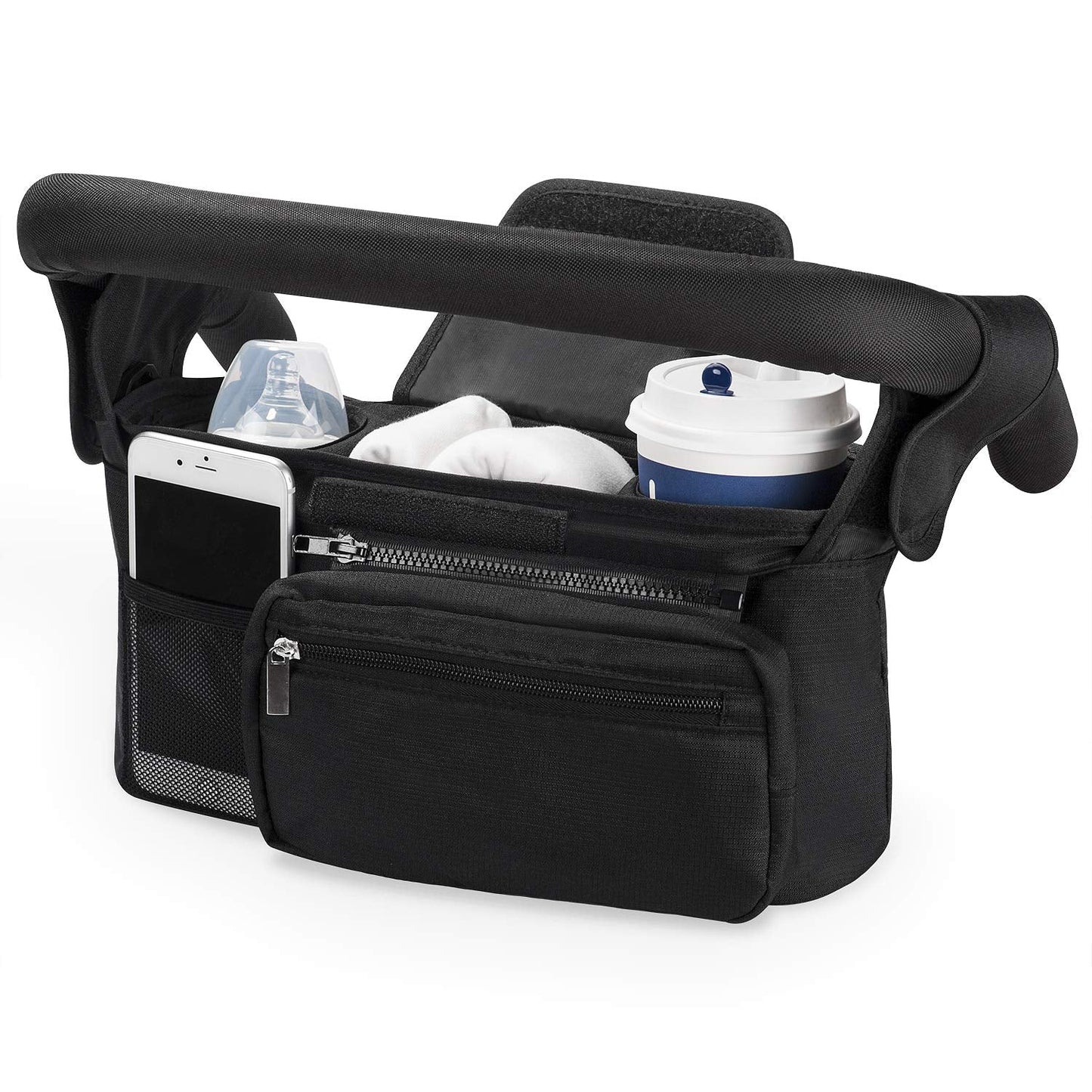 Momcozy Baby Pushchair Organiser, 3 Insulated Cup Holder，Detachable Zippered Pocket, Adjustable Shoulder Strap, Large Capacity for Baby Essentials, Compact Design Fits Any Pram Handlebar