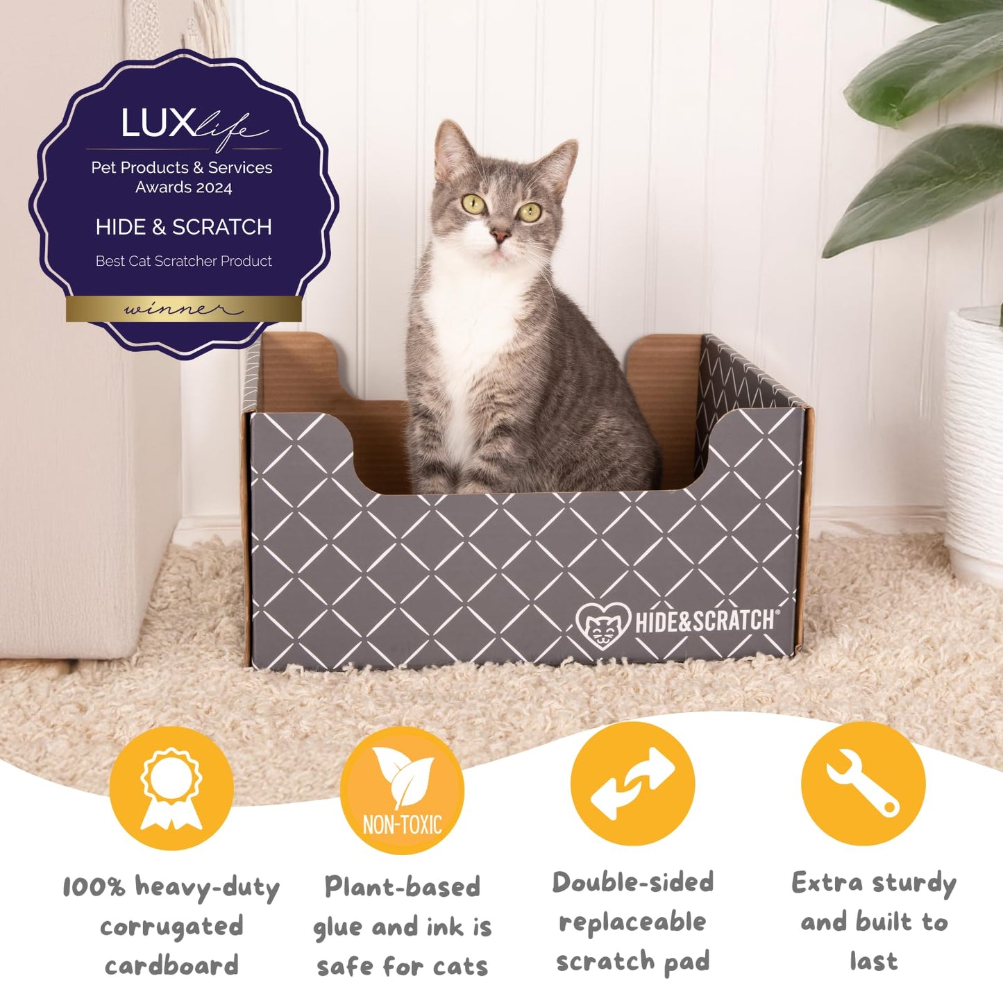 HIDE & SCRATCH Heavy Duty Cardboard Cat Scratcher Box and Cat Bed with Refillable Double-Sided Cardboard Scratch Pad for Indoor Cats