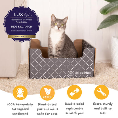 HIDE & SCRATCH Heavy Duty Cardboard Cat Scratcher Box and Cat Bed with Refillable Double-Sided Cardboard Scratch Pad for Indoor Cats