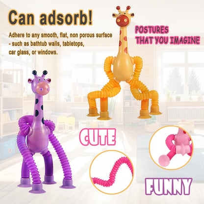 Bendable Giraffe Figures, Toys Set of 4 Flexible Giraffes, Telescopic Suction Cup Toy, Telescopic Pop Tubes, Fidget Tubes Sensory Toys Basket Stocking Stuffer for Girls Boys