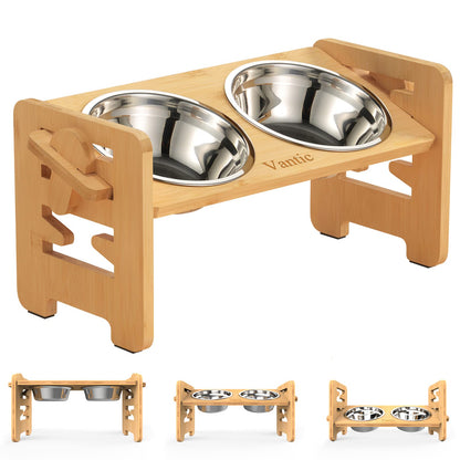 Vantic Raised Dog Bowls with Stand, 6 Heights Adjustable Bamboo Dog Feeding Station with 2 Stainless Steel Bowls, 17cm High