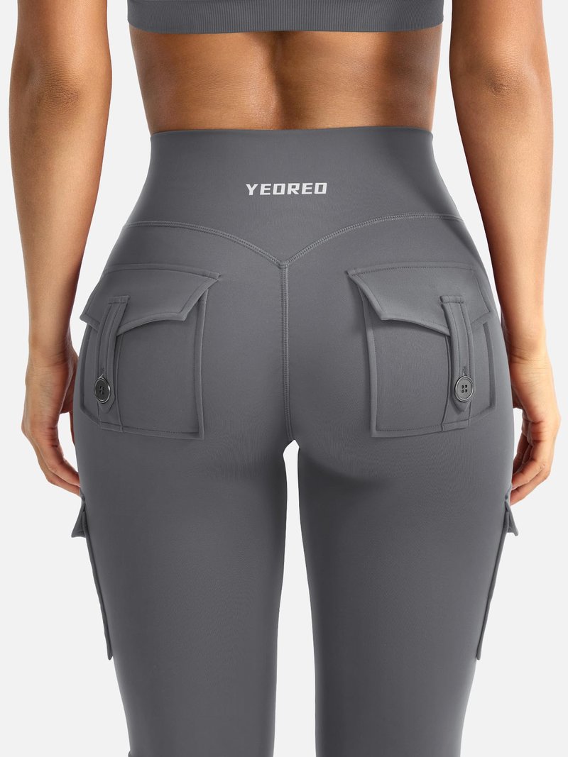 YEOREO CoreFlex Women Workout Flare Leggings with Pockets Hidden Scrunch High Waisted Cargo Gym Yoga No Front Seam Leggings Grey XS