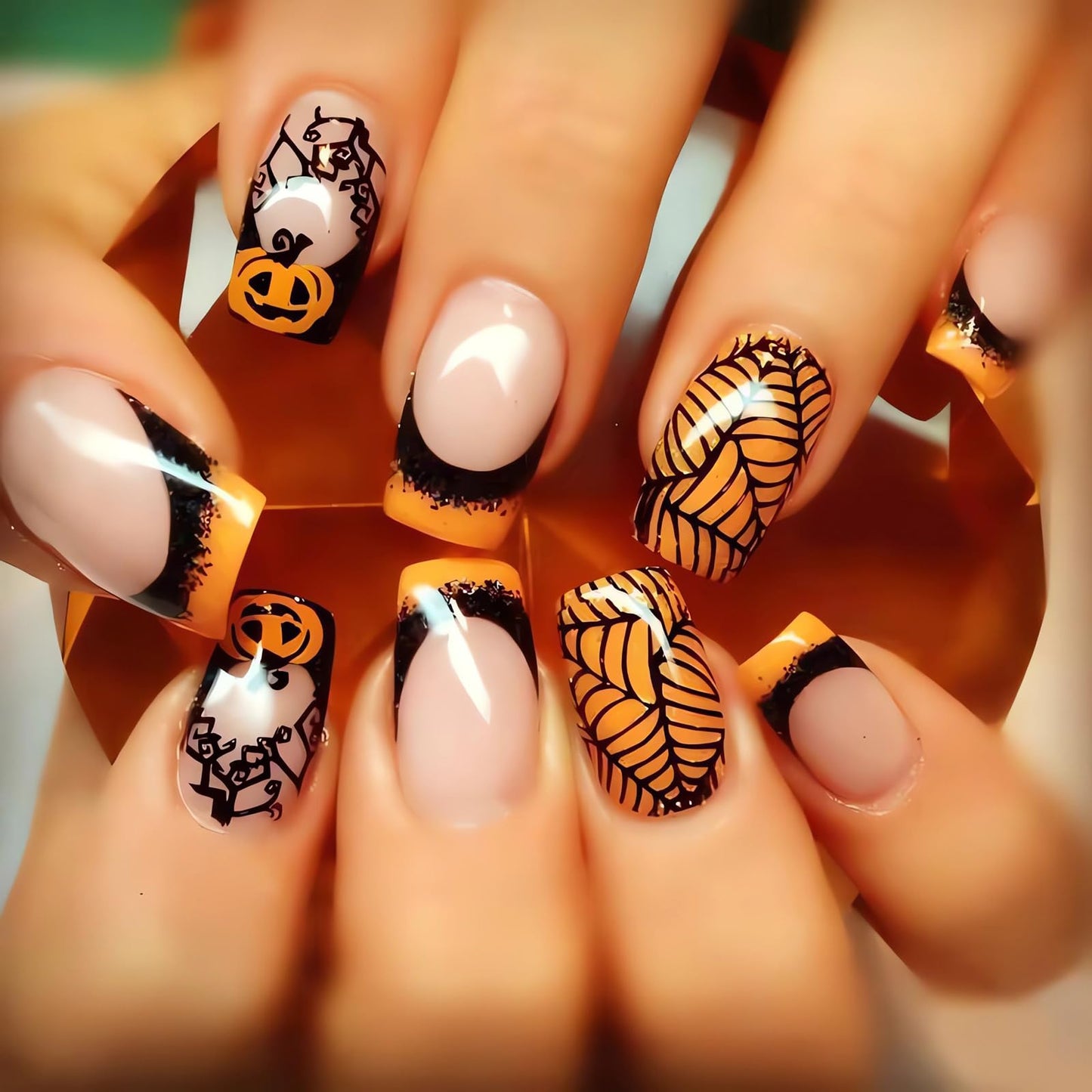 OHWODA Halloween Medium Fake Nails Square Press on Nails Black Spider Web Glue on Nails Halloween Pumpkin Nails Press ons Orange French Halloween Press on Nails for Women DIY Manicure Decorations