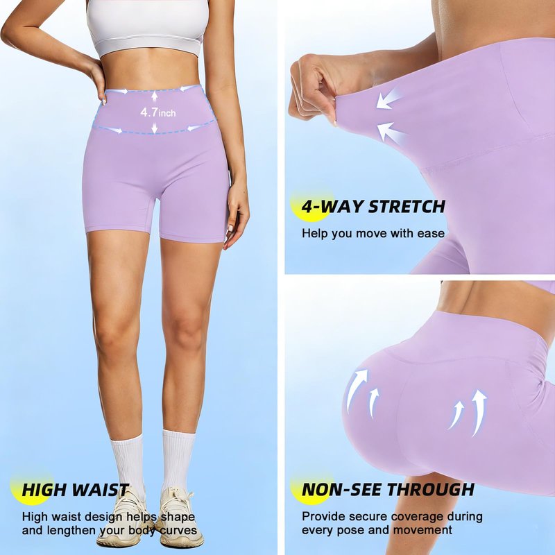 FULLSOFT High Waisted Biker Shorts for Women-5" Tummy Control Fitness Compression Athletic Workout Running Yoga Gym Soft Shorts Summer Women's Clothing Underwear Sales(Light Purple,Large-X-Large)