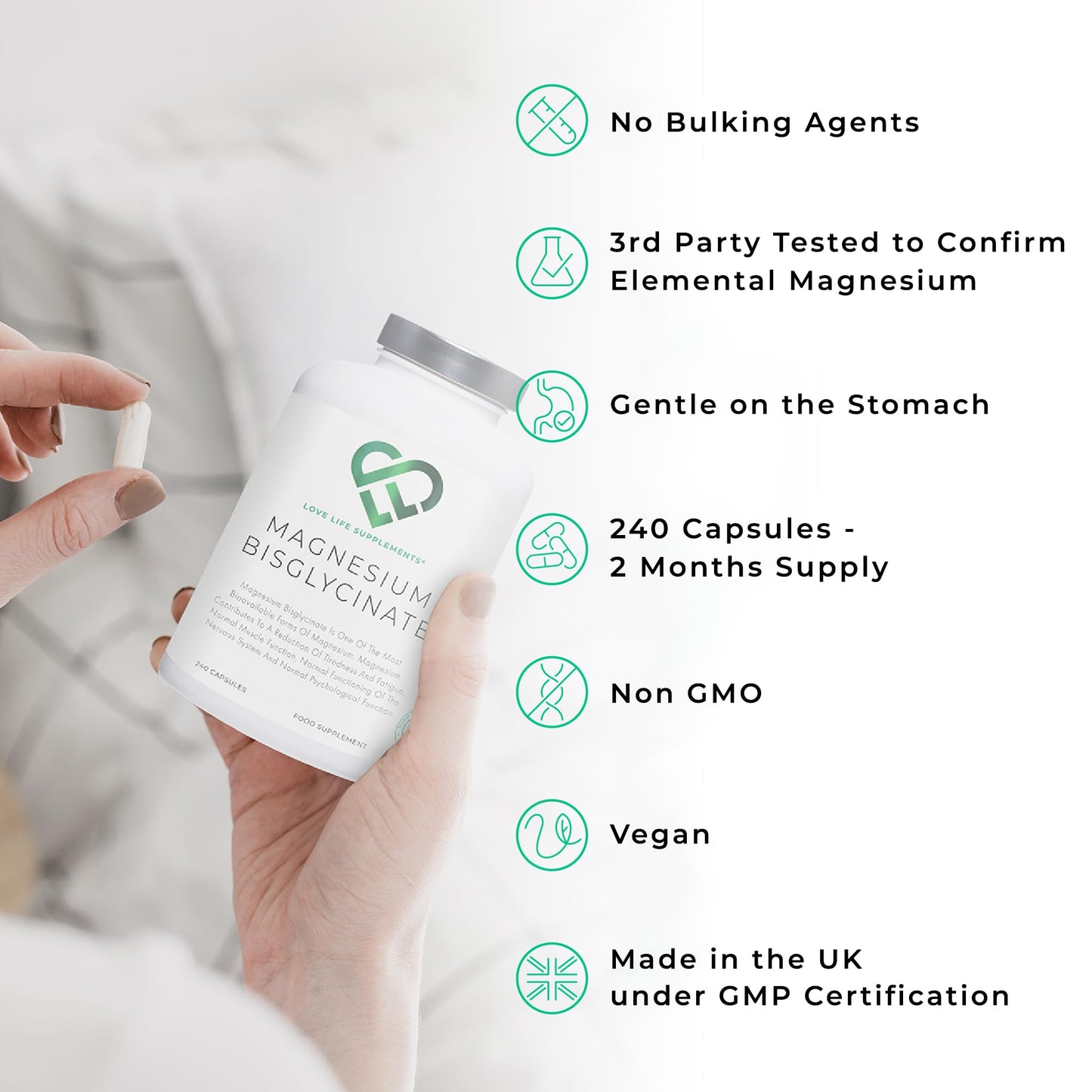 Magnesium Glycinate (Bisglycinate), 2 Month Supply - 240 Capsules, 2750mg (303mg Magnesium), Chelated Magnesium Supplements, Highly Bioavailable, Made in UK - GMP Certified - Love Life Supplements