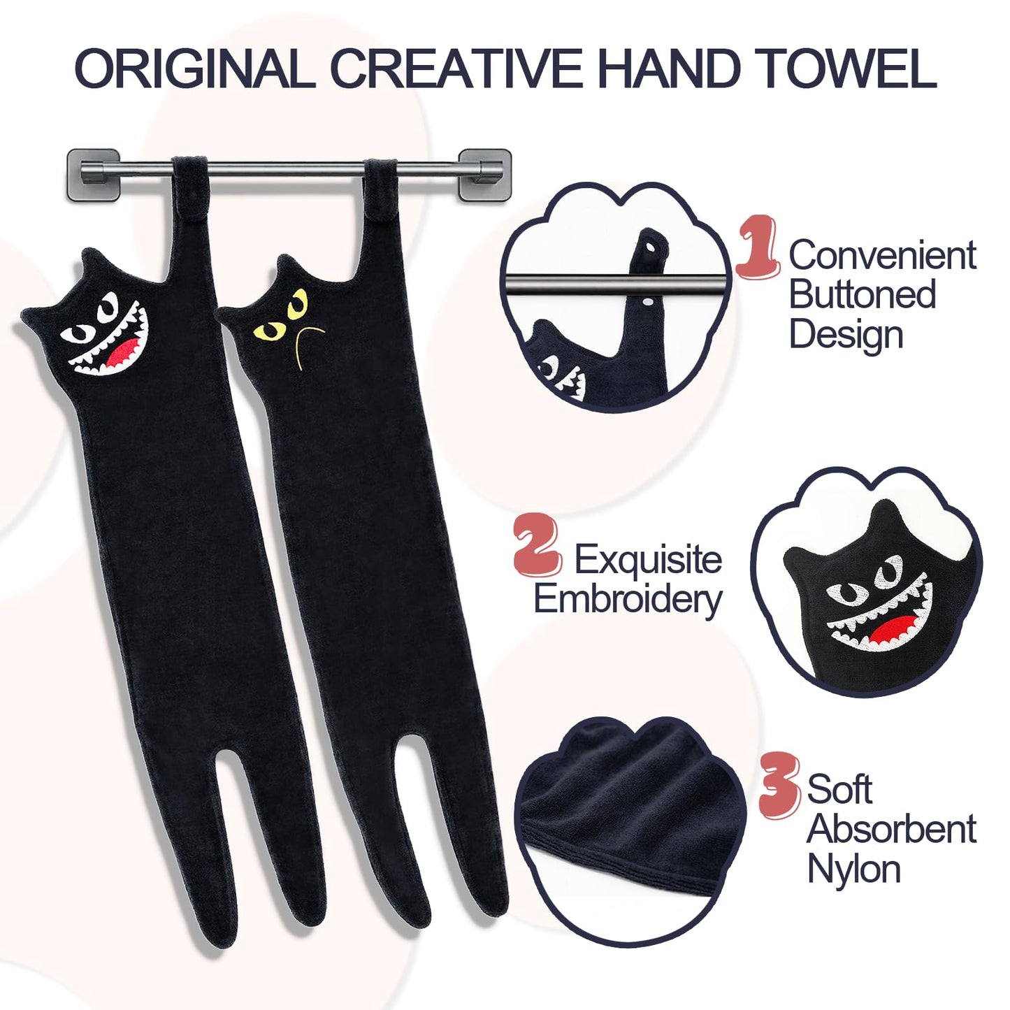 GKIOYRO Cute Hand Towels - Funny Super Absorbent Dish Towels, Decorative Cat Shaped Towels for Bathroom, Kitchen, Living Room, Party - Black Cotton