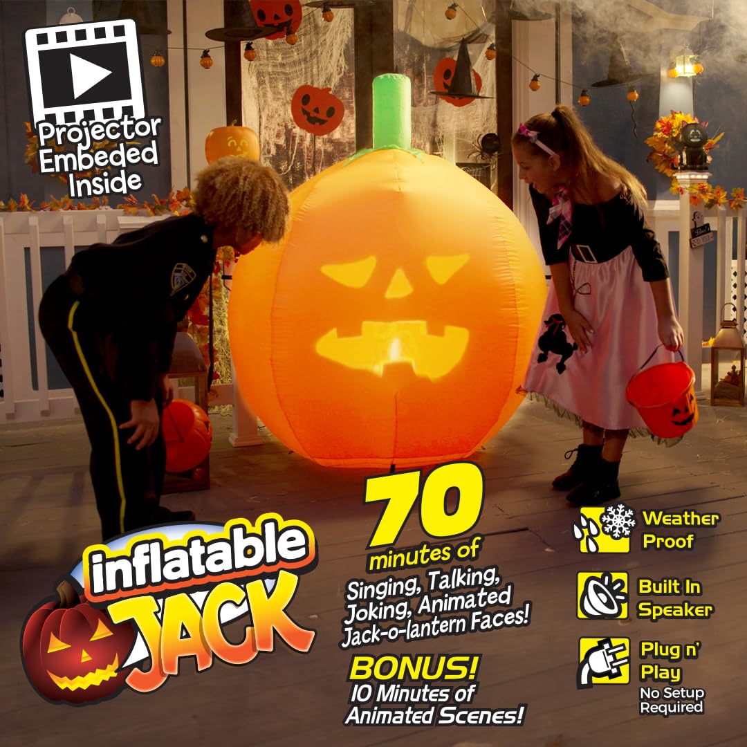 ANIMAT3D Inflatable Jabberin' Jack 5 Foot Tall Talking Animated Pumpkin with 56 Inch HD Screen and Built in Projector + Speaker Includes 80 Minutes of Content