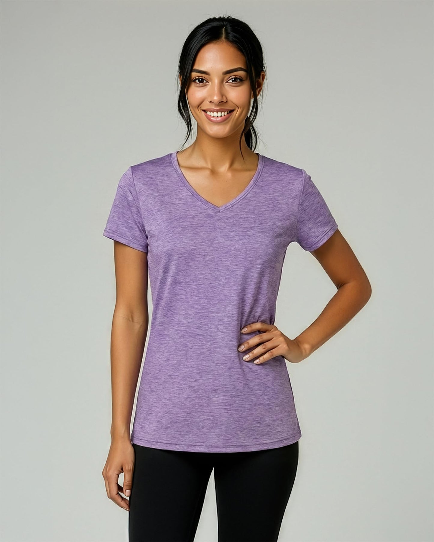 Real Essentials 5 Pack: Women's Dry-Fit Short Sleeve V Neck T Shirt Workout Fitness Yoga Top Tee, Set 7, L
