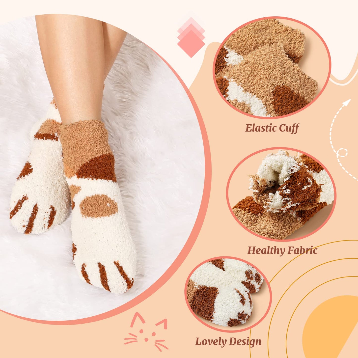 Trifabricy Fuzzy Socks for Women - 5 Pair Cute Funny Cat Fluffy Slipper Fuzzy Socks, Women's Warm Soft Cozy Cat Paw Sock for women