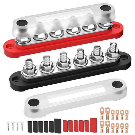 RVMARINEPAT 12V Bus Bar 250A Power Distribution Block, 12 Volt Busbars 6 x 5/16" (M8) Terminal Studs Positive & Negative for Car, Marine, Solar Systems