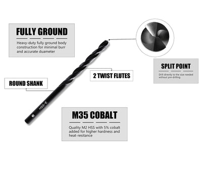 DelitonGude 1/8''inch HSS M35 Cobalt Twist Drill Bits,High Speed Steel,Pack of 10,Suitable for Steels,Cast Iron,Stainless Steels and Other Hard Metals(1/8inch)