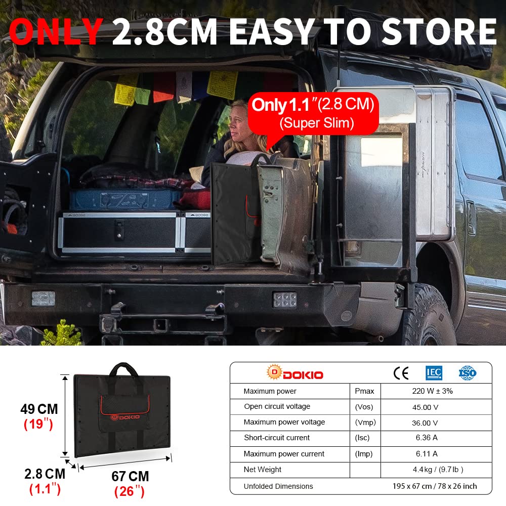 DOKIO 200W 36V Black Portable Solar Panels Kit Folding Solar Charger for 24v Batteries/Power Station AGM LiFePo4 RV Camping Trailer Car Marine