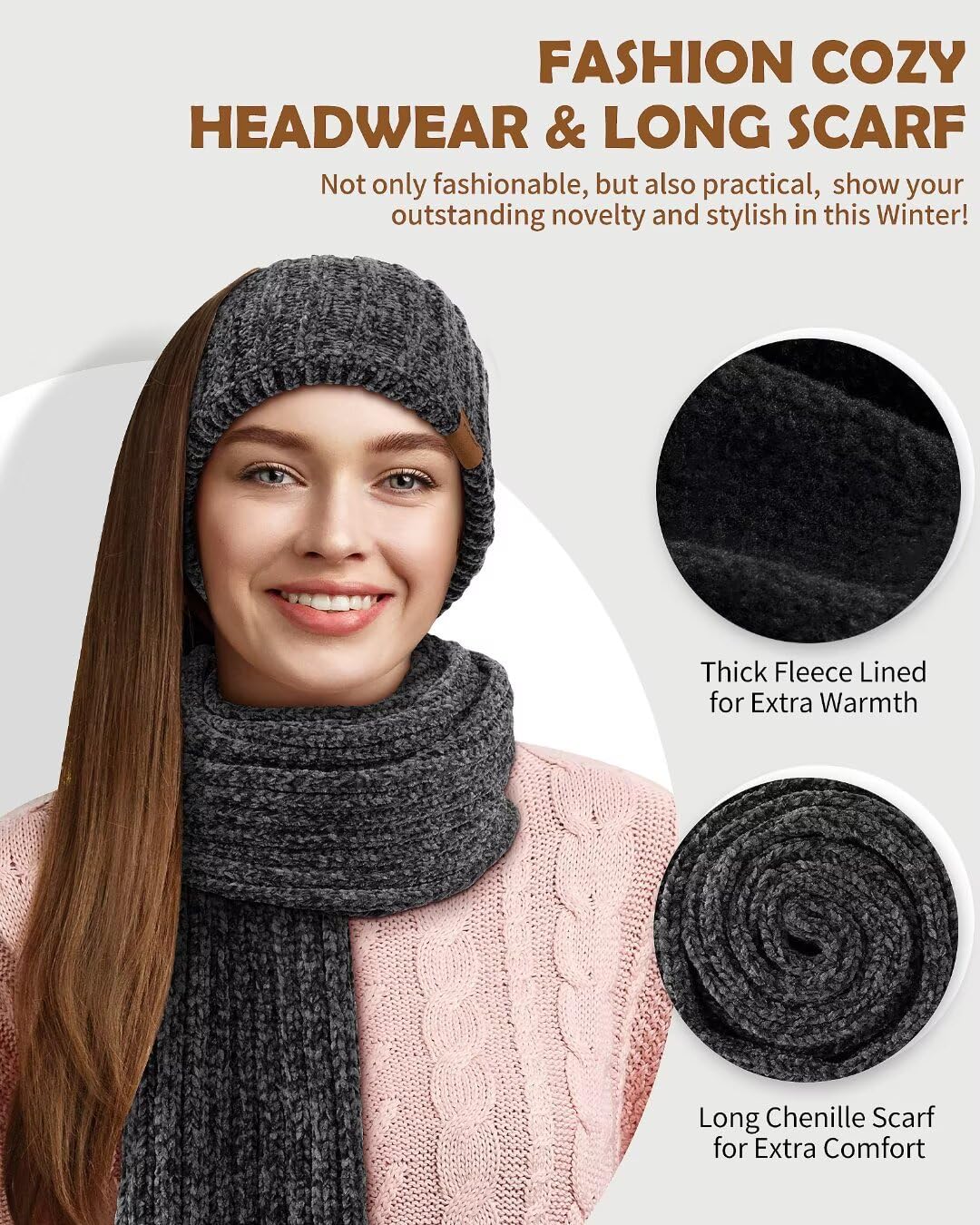 Women Beanie Scarf Gloves Headband Set for Winter, Chenille Beanie Hats Ear Warmer with Fleece Lined Knit Scarf Touchscreen Gloves, 4 In 1 Warm Xmas Gift Set Stocking Stuffers for Women-Gray