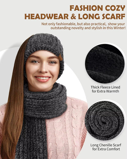 Women Beanie Scarf Gloves Headband Set for Winter, Chenille Beanie Hats Ear Warmer with Fleece Lined Knit Scarf Touchscreen Gloves, 4 In 1 Warm Xmas Gift Set Stocking Stuffers for Women-Gray
