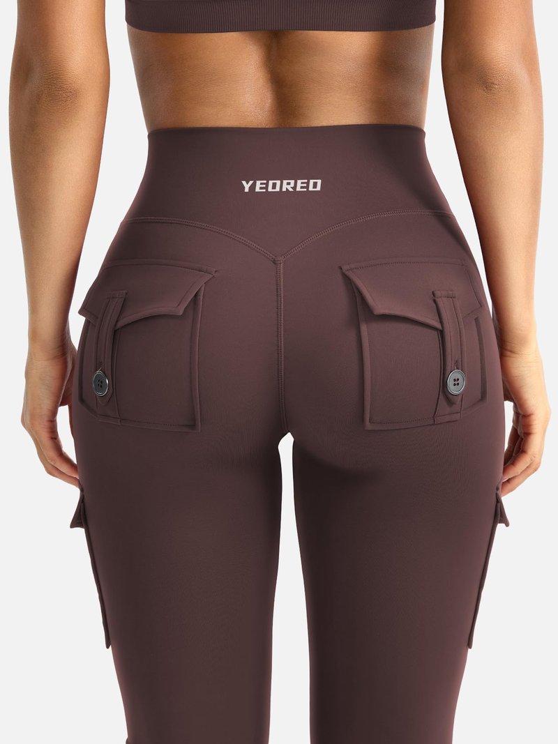 YEOREO CoreFlex Women Workout Flare Leggings with Pockets Scrunch Cargo Gym Yoga Leggings Brown XXL
