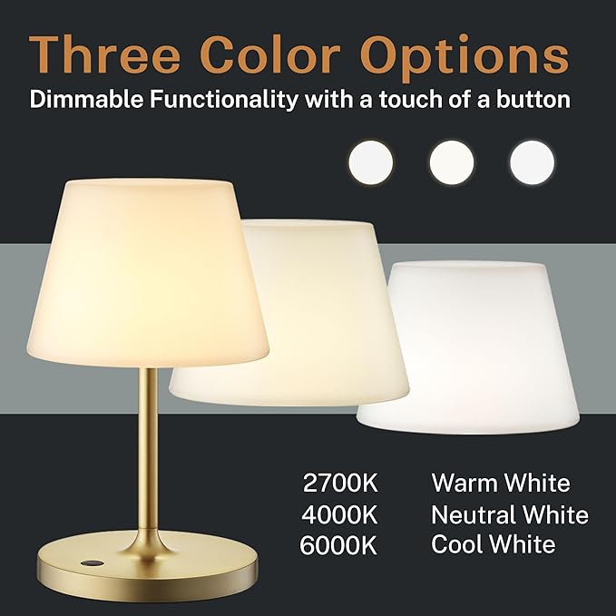 Outdoor Battery Operated Table Lamp & Power Bank - 5000mAh Rechargeable Battery Powered, Touch Dimmable, 3 Color Temperatures, IP44 Waterproof Lamp Light for Home, Patio Use - 9.6 In Modern Brass