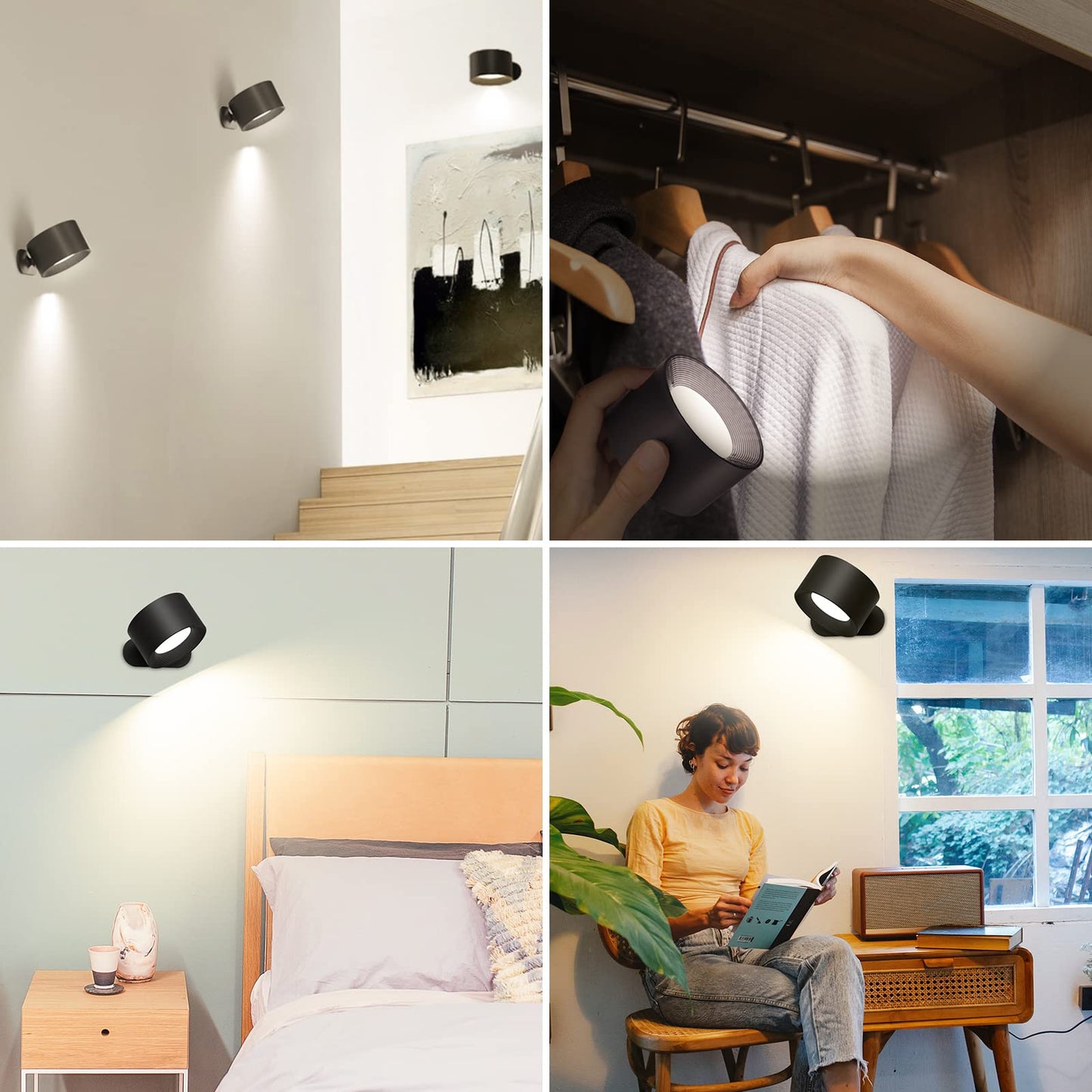 Coollamp LED Indoor Wall Lamp, Bedroom Wall Light with Warm/Natural/White Light, 3 Brightness Levels, Rechargeable Battery, Touch Control, 360 ° Rotate, Wall Lamp for Living Room Corridor Stairs