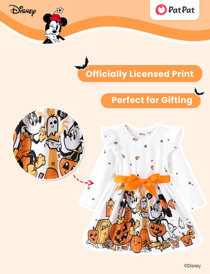 Disney Mickey Minnie Mouse Toddler Dress Girls A-Line Ruffle Long Sleeve Halloween Pumpkin Clothes Cute Kids Outfit Gift Party Costume Sizes 4-5T