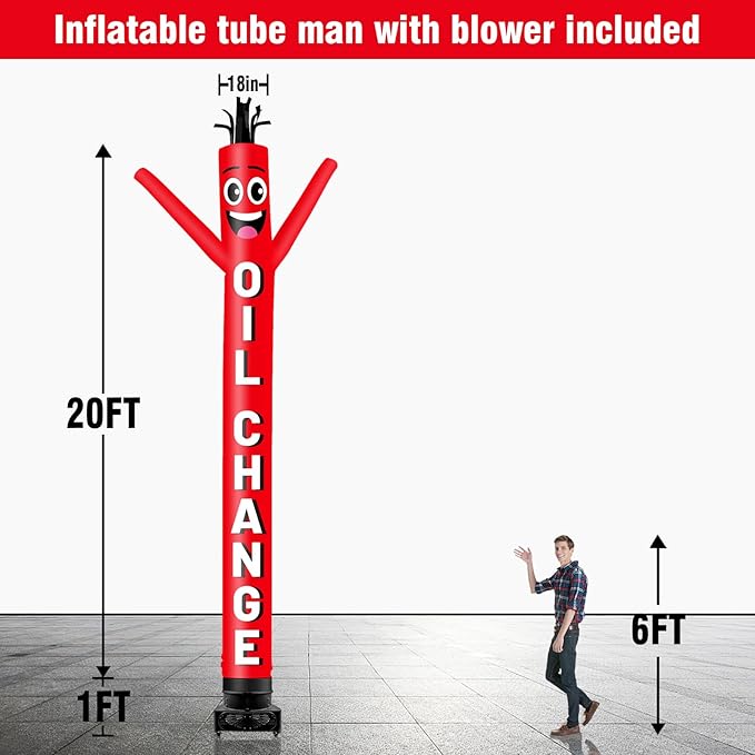 20FT Tall Inflatable Tube Man Oil Change Wacky Wavy Dancing Guy with 1.5 HP Weather-Resistant Blower (18''Diameter) for Outdoor Decoration Advertising Business Promotion
