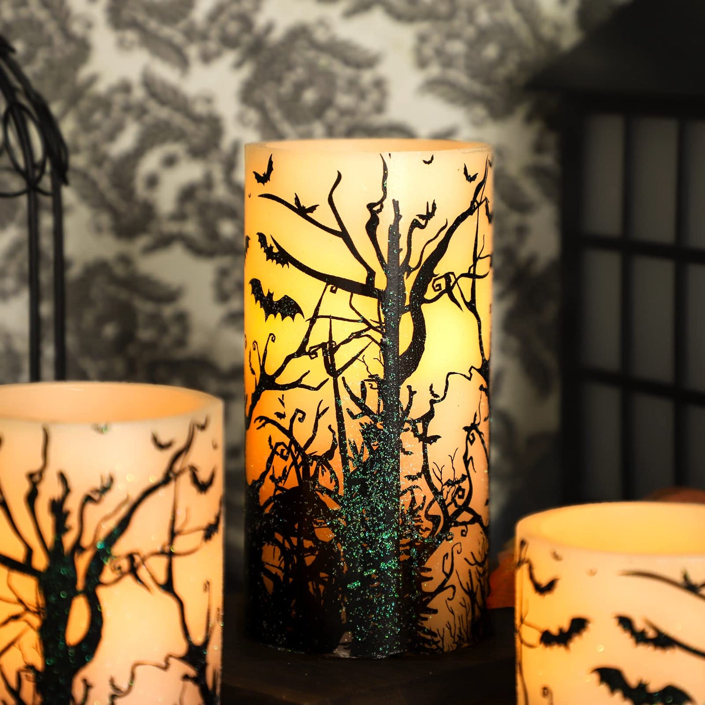 FLAVCHARM Halloween Decor Flameless Candles Set of 3 Black Spooky Bats Decal Flickering Candles Battery Operated with Remote Real Wax LED Pillar Candles for Halloween Party Horrible Theme Decor