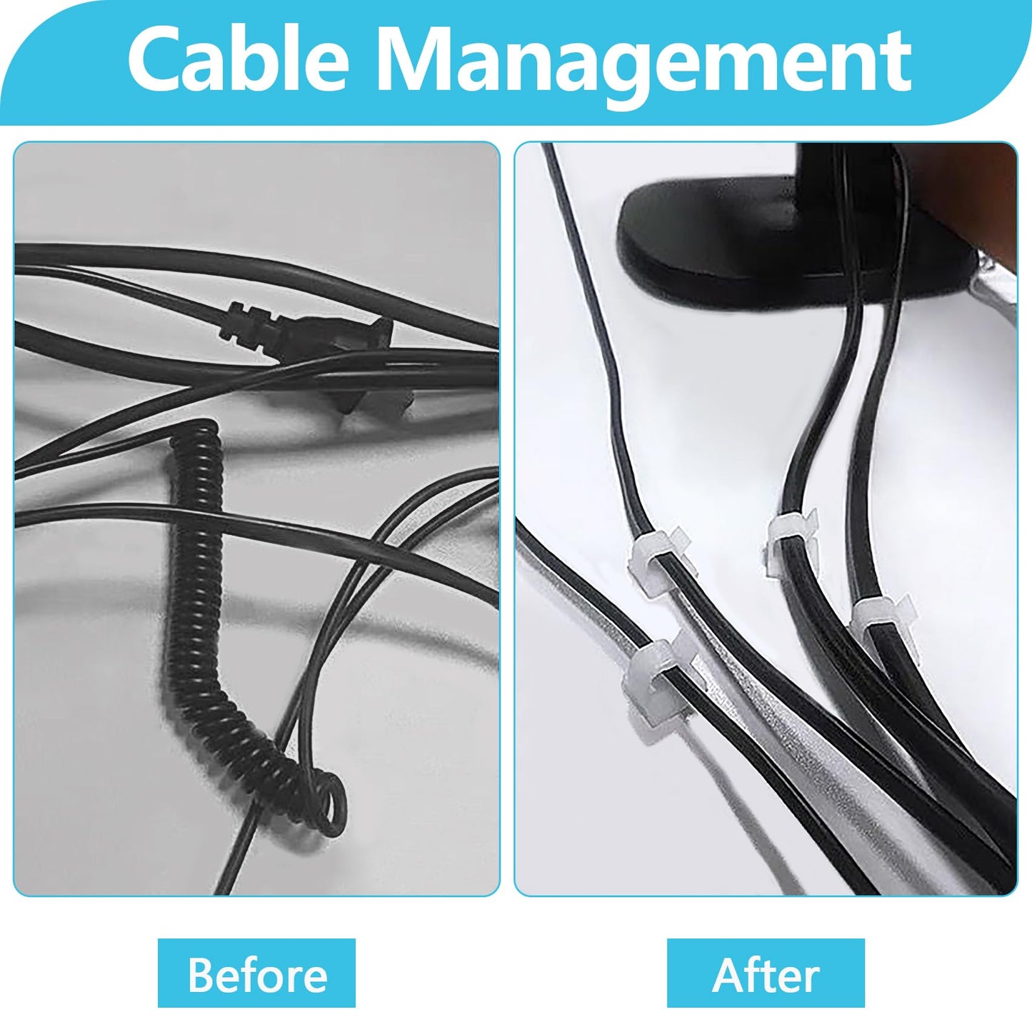 Abnii 100PCS Cable Clips, Adhesive Wire Clips Organizer Cord Clips Management, Cable Staples Outdoor Strong for Wall, Desk, Christmas Lights, String Lights, TV PC Ethernet Cable, Clear Small