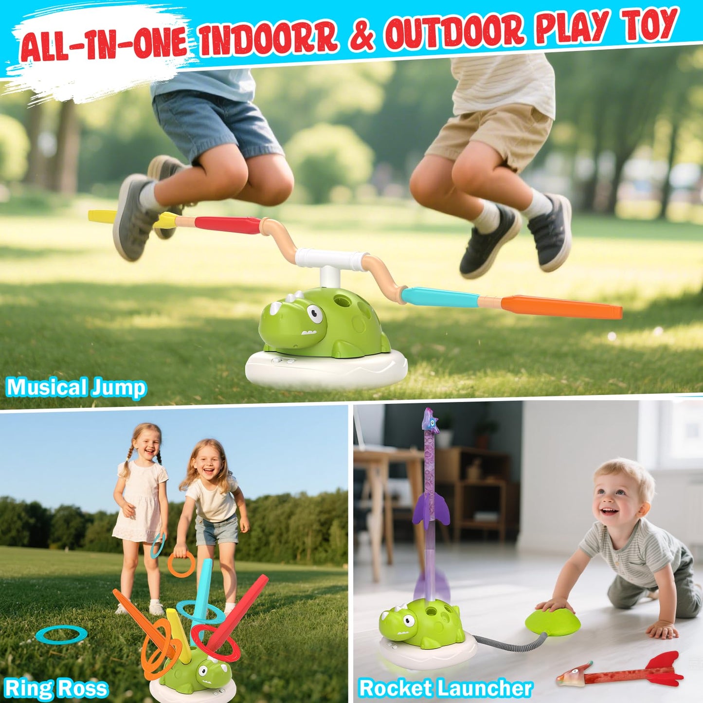 Indoor Outdoor Games for Kids, 3 in 1 Musical Jump, Ring Toss Game & Stomping Rocket Launcher for Kids, Dinosaur Sports & Outside Play Activities Toys with Remote Control for Toddlers 3-5 4-8