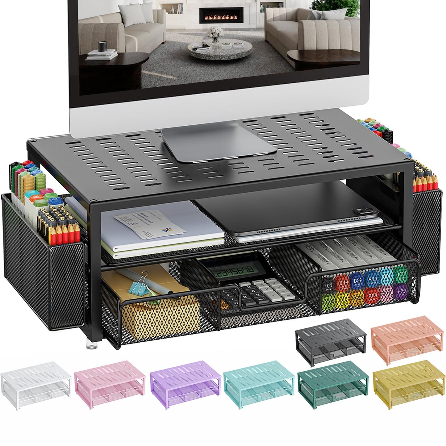 gianotter Desk Organizers and Accessories, Monitor Stand with Drawer and 2 Pen Holder, Desktop Organizer Suitable for Offices and Dormitories(Black)