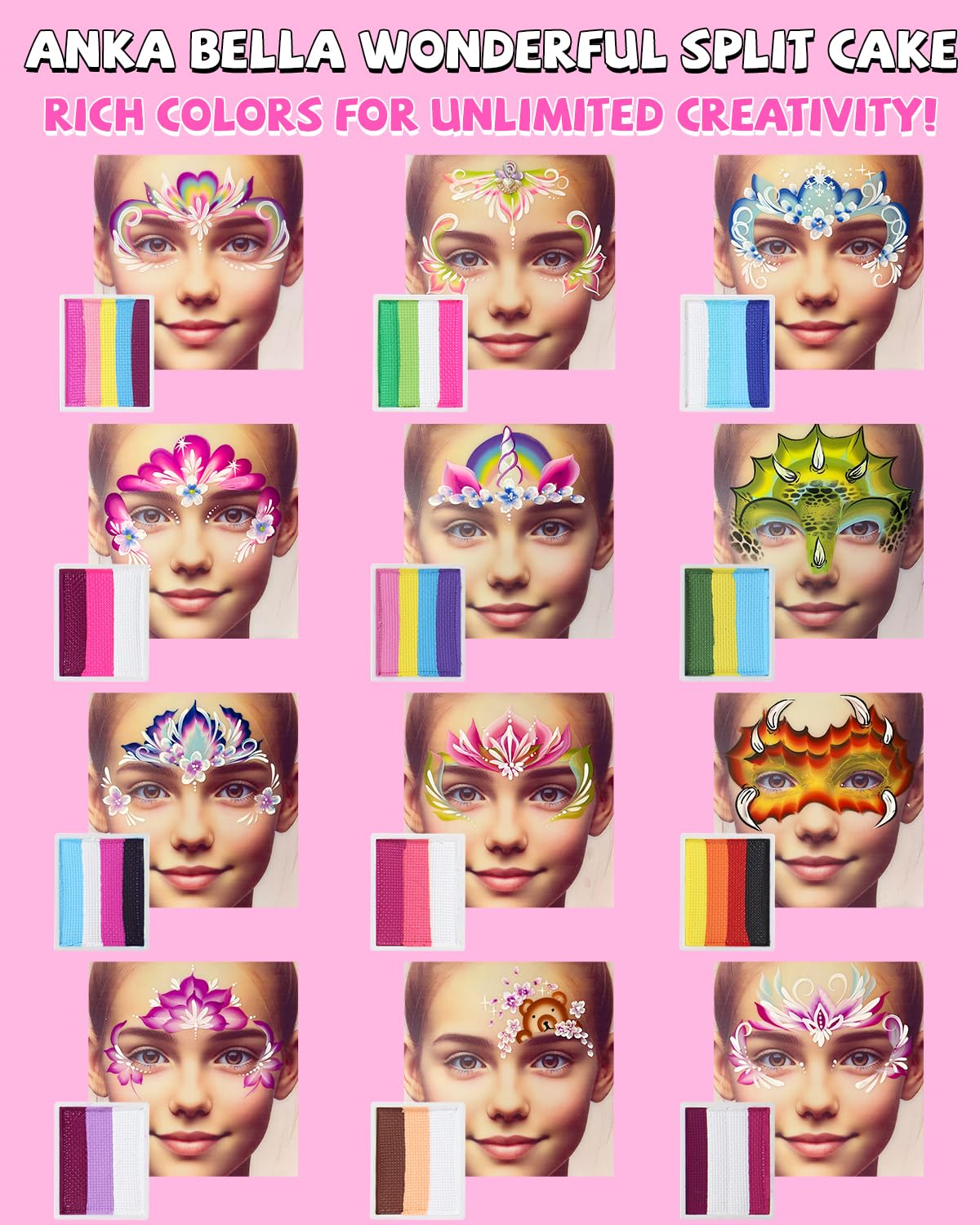 Anka Bella Professional Face Painting Kit for Kids,12X10gm Water Activated Rainbow Cake Face Paint with Stencil & Brushes,Hypoallergenic & Non-Toxic,Gift for Birthday Parties/Halloween/Carnival