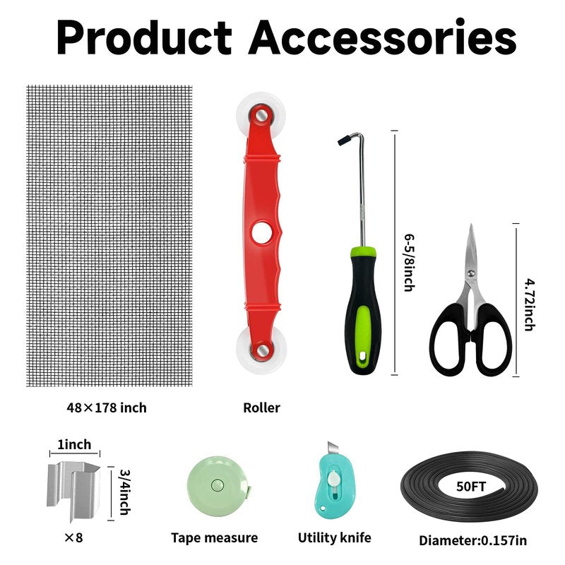 Window Screen Door Repair/Replacement Kit,48" x178" Adjustable Durable Fiberglass Window Screen Mesh,with Spline/Roller/Hook/Clips Screen Door Repair Kit,DIY Window,Porch Sliding Door(Black)