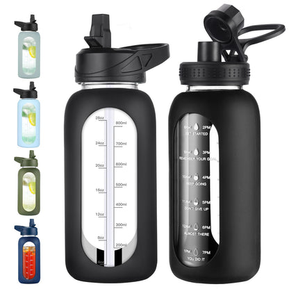 EALGRO 32 oz Glass Water Bottle with Straw and Handle, Sports Motivational Water Flask with Silicone Sleeve, Large Leakproof Water Flask Cup with Time Marker for Travel, Gym, Black