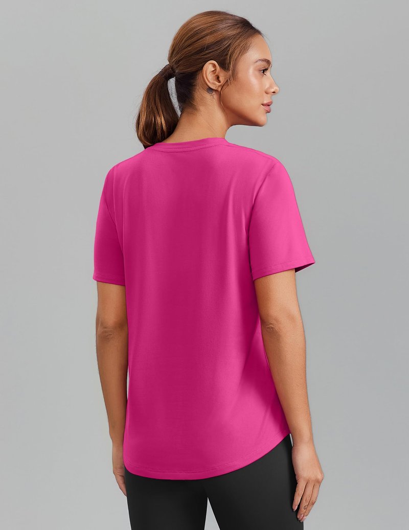 PINSPARK Womens Running Tops Short Sleeve V Neck Quick Dry Athletic Shirts Moisture Wicking Gym Workout T-Shirts Lightweight,Hot Pink Medium
