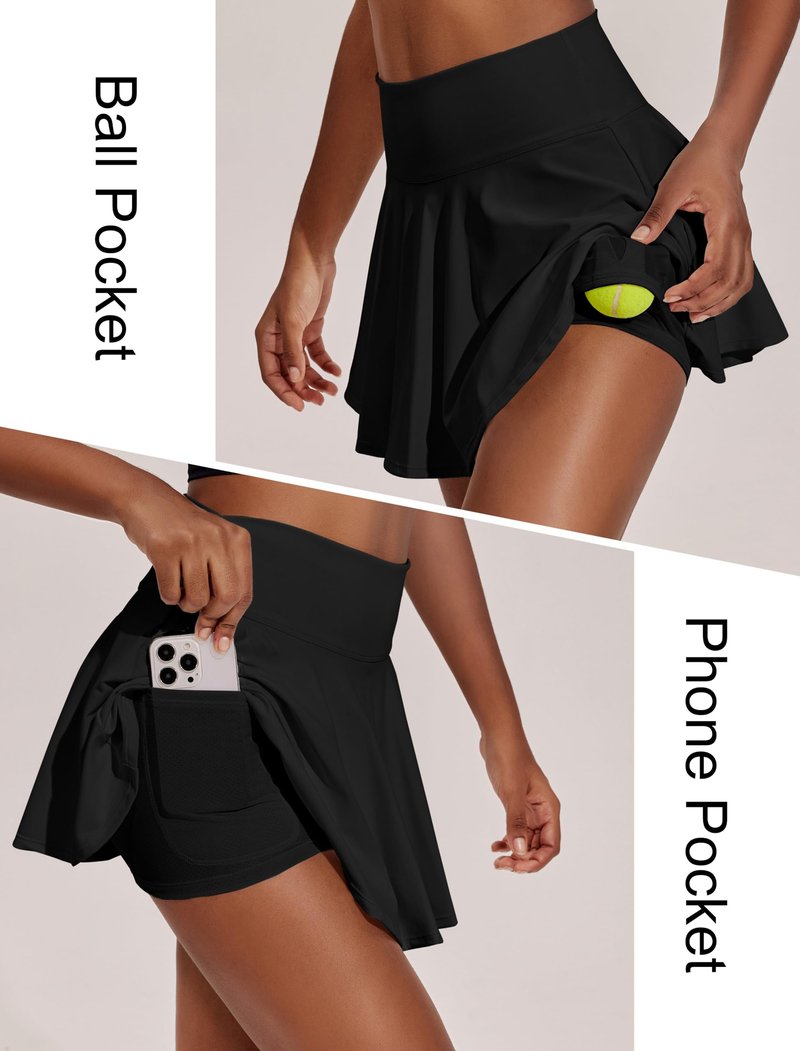 PINSPARK Women's Tennis Skirts Tummy Control Golf Skorts with Shorts High Waist Black Mini Skirt with Pockets XS