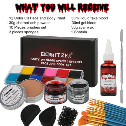 Bowitzki Halloween Makeup Special Effects Oil Face Body Paint Fake Blood Scar Wax Charred Ash Powder with Sponges Brush Halloween Party SFX Cosplay