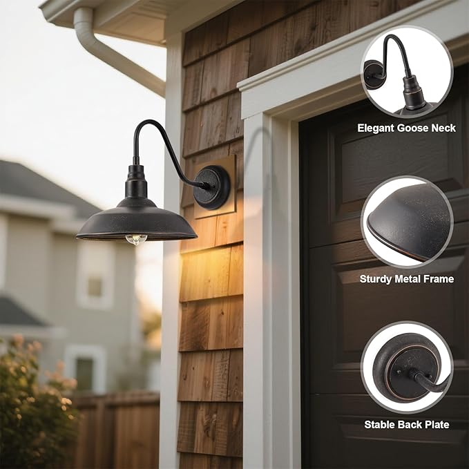 Gooseneck Outdoor Light Fixture, 10" Dome Exterior Farmhouse Lights for Barn, Bronze Porch Lighting, Gooseneck Wall Sconce for Patio Garage House