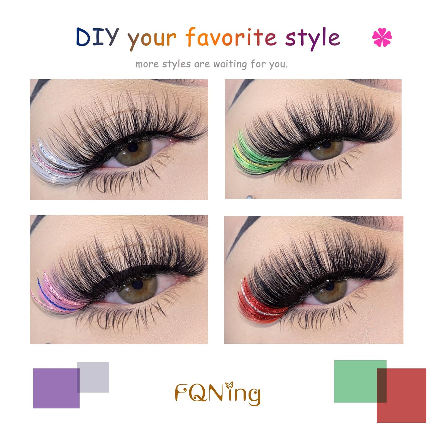 FQNing Glitter Lash Extensions Laser 12 Colors Individual Spikes Eyelash Extension Professional Supplies 15mm (Mix-12 Colors)
