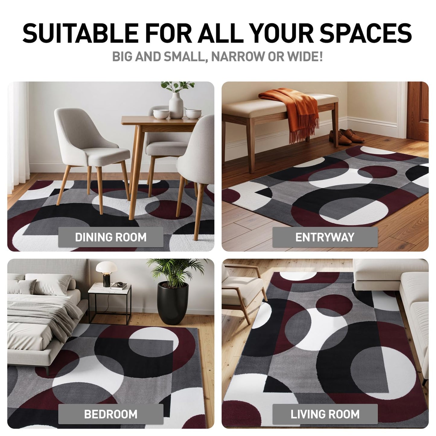 Rugshop Burgundy Geometric Area Rug, Contemporary Circle Design, Non-Shedding, Easy-Care Style for Living Room, Bedroom and Home Office, 5'3" x 7'3"