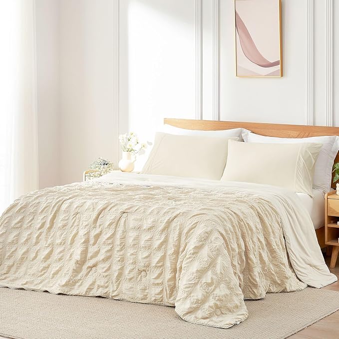 Cozy Bliss Cooling Comforter Seersucker Plaid Full, Q-Max 0.4 Reversible Lightweight Cooling Blanket, Breathable Silk Smooth Summer Bedding Quilt for Hot Sleepers Night Sweats Khaki