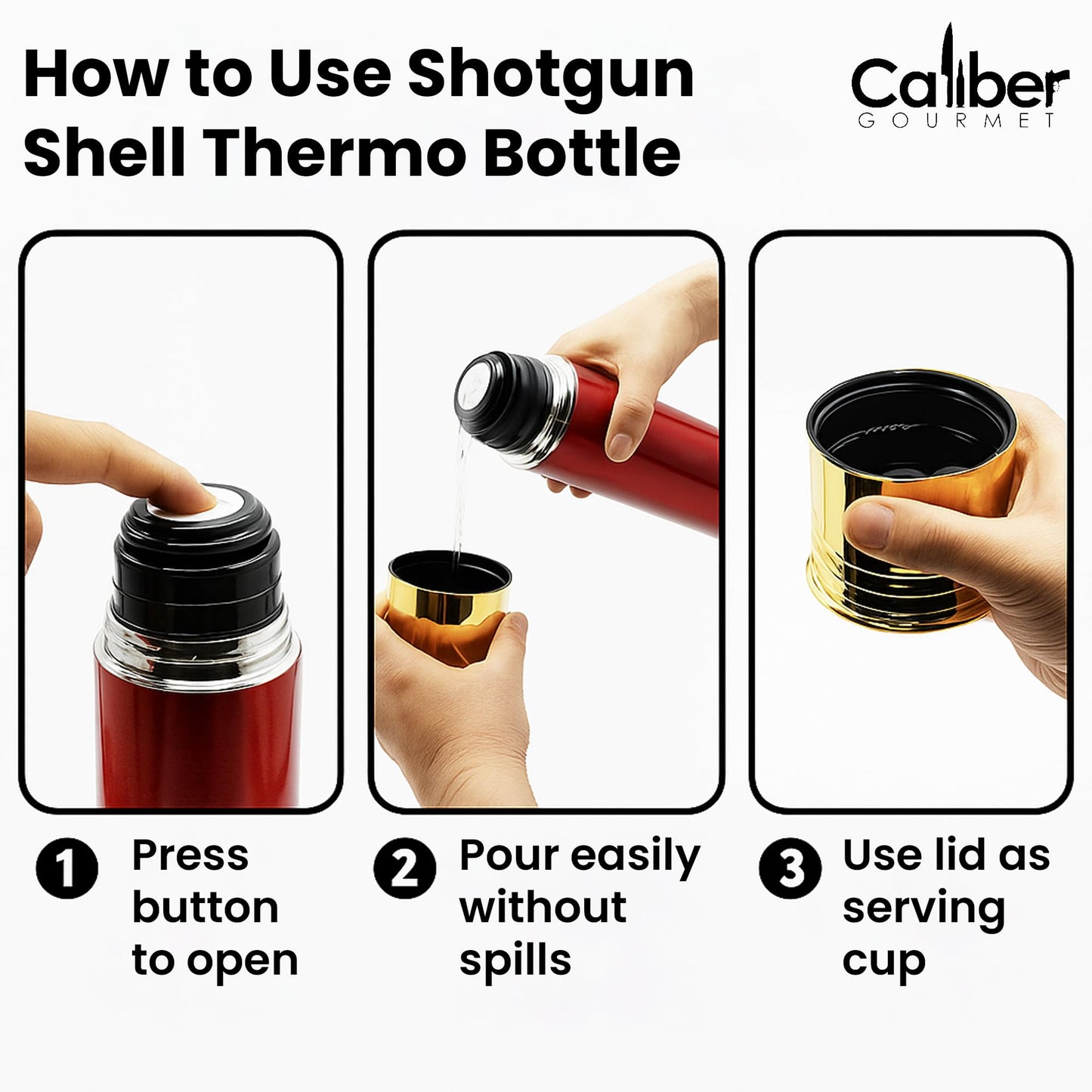 Caliber Gourmet 12 Guage Shotgun Shell Thermos Bottle 32 Ounces, Vacuum Insulated Stainless Steel Bullet Thermos – Novelty Hunting Thermos Gift for Christmas – Great for Camping Gear, Bold Red