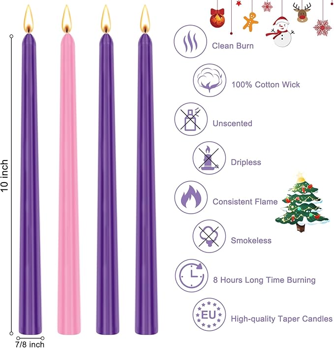 Christmas Advent Candle Set (Set of 4), 10 Inch Christmas Wax Taper Candles, 8 Hours Long Burning Time Dripless Unscented Dinner Candle, 3 Purple & 1 Pink
