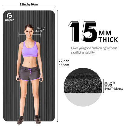Yoga Mat Non Slip NBR Thick Yoga Mat, 72"L x 32"/24"W x 0.6"/0.4"TH (185cm x 80cm/61cm x 15mm/10mm), Anti-Tear Exercise Mat with Carrying Strap and Bag, Workout Mats for Yoga, Pilates, Floor Exercises