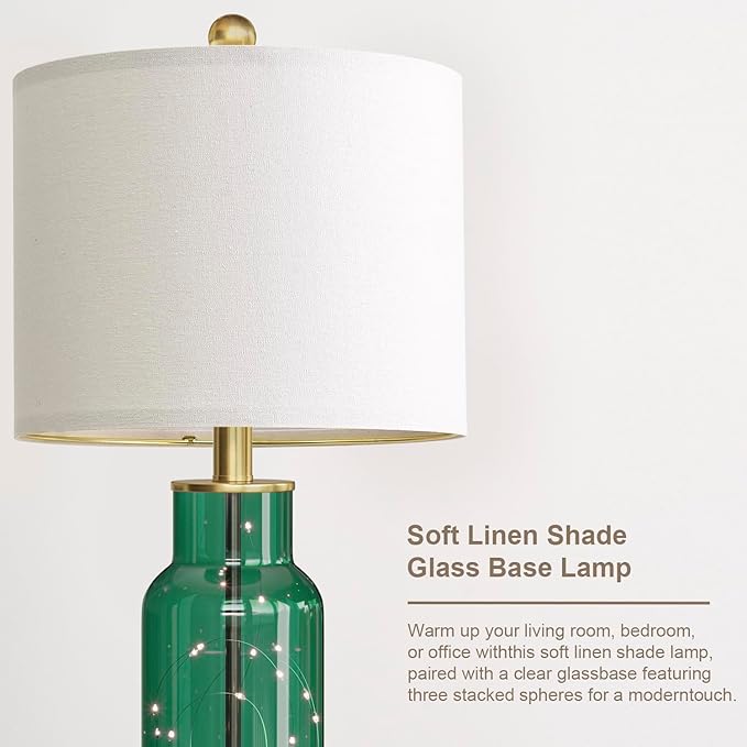 Oneach 22" Glass Table Lamps Set of 2, Green Modern Bedside Lamp with LED Night Light for Living Room, Nightstand Lamp with USB Ports for Bedrooms, Study Room, End Table(2 Bulbs Included)