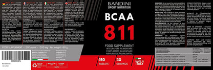 Bandini® BCAA 8.1.1 150 Tablets - BCAAs 8:1:1 Branched Chain Amino Acids | L-Leucine, L-Isoleucine, L-Valine | Enriched with Vitamin B1 and B6 | Lactose Free & Vegan | Pre and Post Workout Supplement