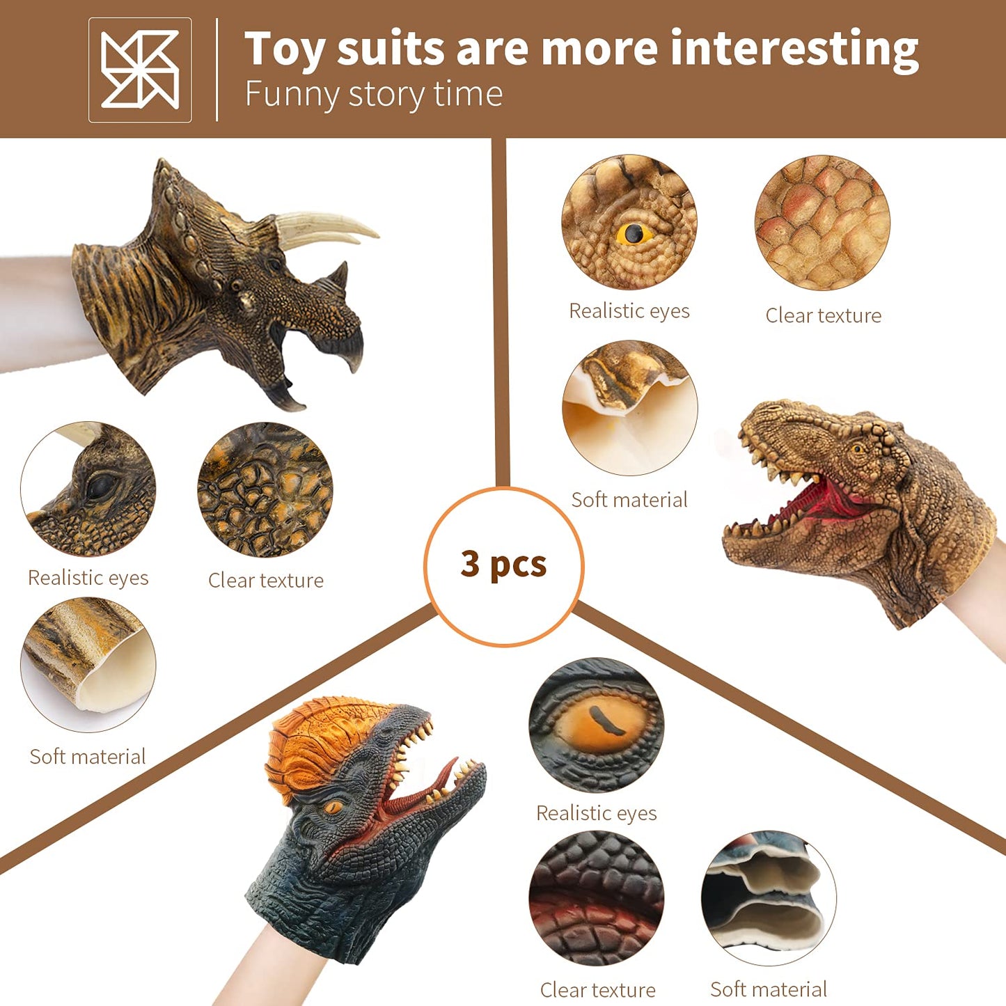 CreepyParty Dinosaur Hand Puppets Dino Toys Latex Raptor Realistic Puppet Soft Animal Head Rubber Toy Set T rex Puppet Tyrannosaurus Dilophosaurus Triceratops Pack of 3