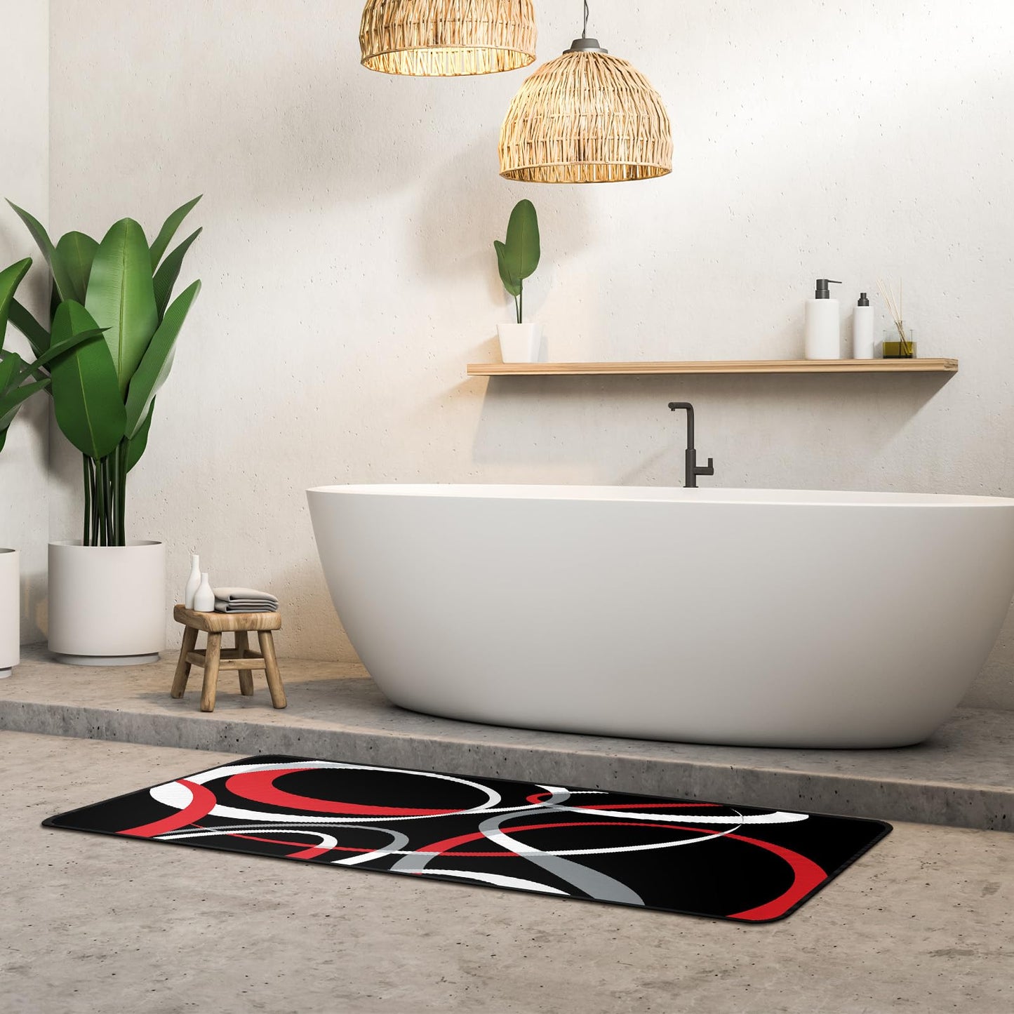 Maasechs 3 Pcs Red Black Geometric Kitchen Rugs and Mats Set Anti Fatigue Floor Mat Non Slip Washable Modern Abstract Runner Rug Minimalist Kitchen Decor for Home Office Bathroom, 17 x 30 +17 x47